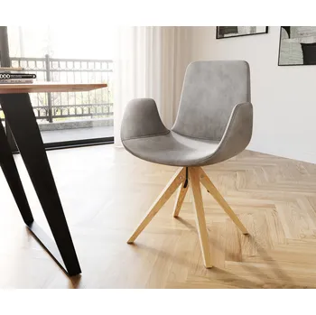Jídelní židle DELIFE Jídelní židle Ilia-Flex s područkami samet šedá dřevěná podnož hranatá přírodní
