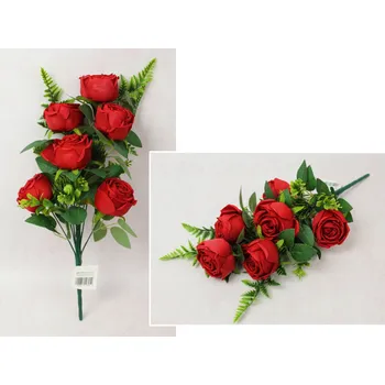 umělá květina Kytice RŮŽE s doplňky výška 50 cm, 9 stonků (6 květů 9x5 cm) ČERVENÁ