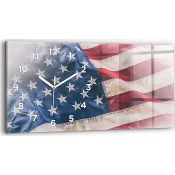 Hodiny Horizontální Skleněné Nástěnné Hodiny do Kanceláře s Motivem Americké Vlajky 60x30 cm