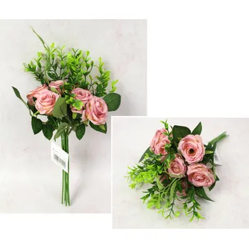 umělá květina Kytice, kytice RŮŽE s doplňky výška 33 cm, 7 stonků (7 květů 5x3 cm) RŮŽOVÁ