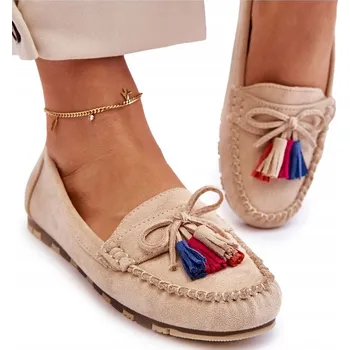 Dámské mokasíny SEMIŠOVÉ MOKASÍNY S MAŠLÍ A TŘÁSNĚMI BÉŽOVÉ 38