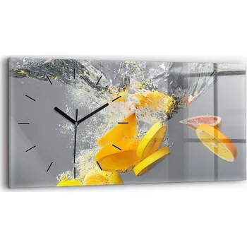 Hodiny Minimalistické skleněné nástěnné hodiny s motivem Citrusy ve vodě 60x30 cm