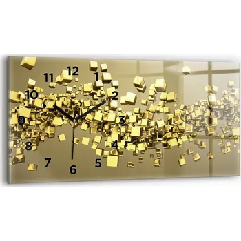 Hodiny Skleněné moderní nástěnné hodiny s potiskem horizontální 60x30 cm Zlaté čtverce