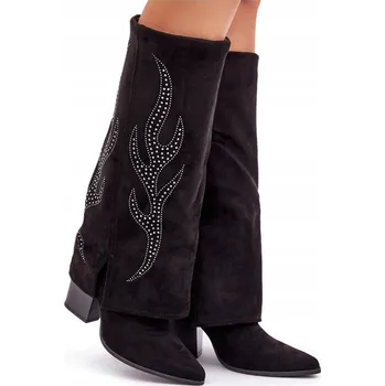 Dámské kozačky ZDOBENÉ DÁMSKÉ KOZAČKY S OHRNUTÝM SVRŠEK, PODPATEK SLOUPEK, ČERNÉ 37