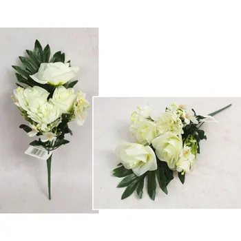 umělá květina Smíšený buket RŮŽE, CHRYSANTÉMY s doplňky, výška 34 cm, 7 stonků (4 květy 8-7 cm) BÍLÁ