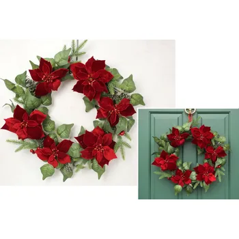 Vánoční dekorace Věnec BETLÉMSKÁ HVĚZDA - POINSECJA velurová s šiškami ČERVENÁ 60 cm