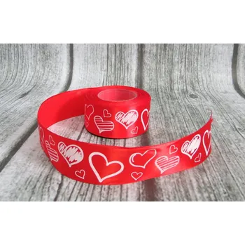 Stuha Saténová stuha s potiskem SRDÍČKA ČERVENÁ 38 mm x 22,75 m - 1 ks