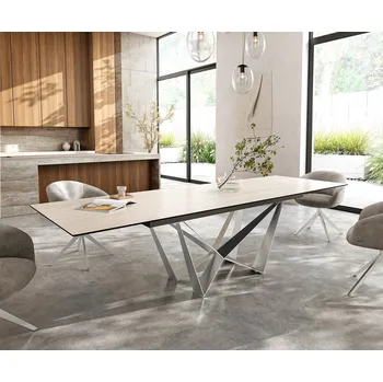 Jídelní stůl DELIFE Jídelní stůl Edge 200-300x100 keramika Laminam® Travertino Bianco krémově bílá Spider plochá ocel nerezová ocel rozkládací
