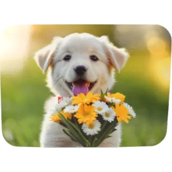 Podložka pod myš Podložka pod stůl 40x30 cm VESELÝ BÍLÝ PEJSEK S KVĚTINOVOU VÁZOU