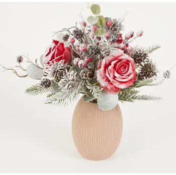 umělá květina Vánoční kytice, smíšená S RŮŽÍ ČERVENOU výška 38 cm, 7 stonků (3 květy 9x5 cm) posypaná sněhem