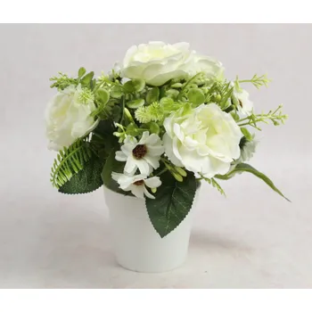 umělá květina Květina PIVOŇKA v bílém květináči výška 22 cm (květina 6x3 cm) BÍLÁ