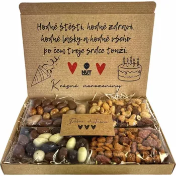 Dárkový potravinový koš Nutworld Dárková krabička mix oříšků k narozeninám 4x 80 g