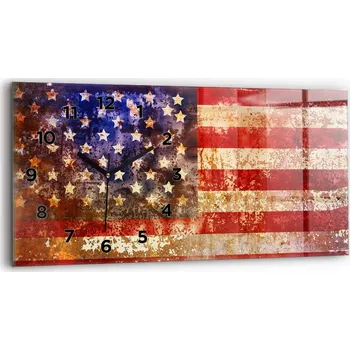 Hodiny Nástěnné horizontální skleněné hodiny s motivem vlajky USA ve vintage stylu, 60x30 cm