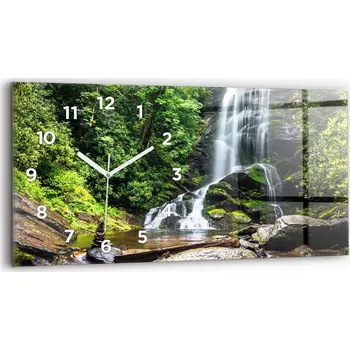 Hodiny Moderní skleněné nástěnné hodiny s potiskem horizontální 60x30 cm Vodopád les