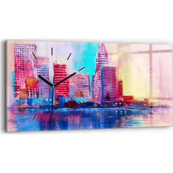 Hodiny Moderní skleněné nástěnné hodiny 60x30 cm - Abstrakce mrakodrapů