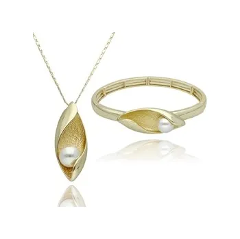 Souprava šperků Luxusní dárkový set náhrdelníku a náramku YVON s perlou SHELL ve zlatém provedení
