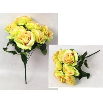 umělá květina Kytice RŮŽE výška 43 cm, 7 stonků (7 květů 10x5,5 cm) BROSKVOVĚ-LIMETKOVÁ