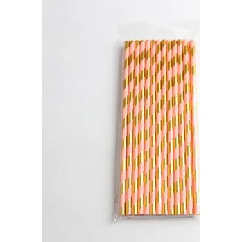 Jednorázové papírové brčka 19,7 x 0,6 cm, 25 ks, RŮŽOVÉ se ZLATÝMI PRUHY
