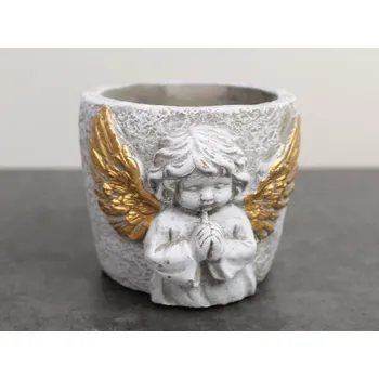 Obal na květináč Betonový obal ANGEL SE ZLATÝMI KŘÍDLY 11x10x9 cm ŠEDÝ