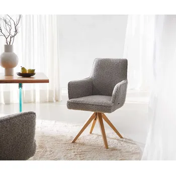 Jídelní židle DELIFE Jídelní židle Heira-Flex s područkami bouclé stříbrně šedá dřevěná podnož hranatá přírodní 180° otočná taštičkové pružiny