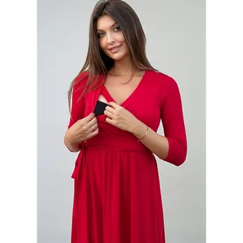 Těhotenské šaty Elegantní těhotenské a kojící šaty Fiori 3v1 - červené, 3/4 rukáv Velikost: L