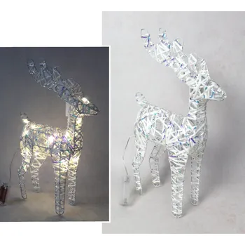 Dekorace na drátěném stojanu s holografickou fólií a bílou šňůrkou RENIFER 20 LED 45x26x10 cm