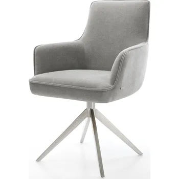 Jídelní židle DELIFE Jídelní židle Heira-Flex s područkami strukturovaná látka Měkký šedá křížová podnož široká nerezová ocel 360° otočný houpací funkce taštičkové pružiny