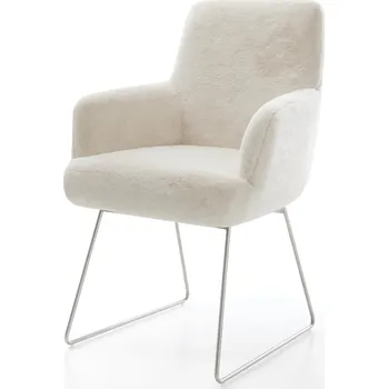 Jídelní židle DELIFE Jídelní židle Heira-Flex s područkami plyšový manšestr krémovo-bílá tenká podnož nerezová ocel taštičkové pružiny
