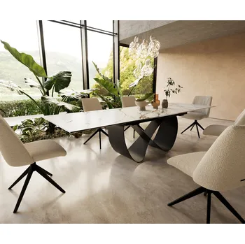 Jídelní stůl DELIFE Jídelní stůl Edge 200-300x100 cm keramika Calacatta Luxe bílá-zlatá-šedá Infinity kov černý rozkládací
