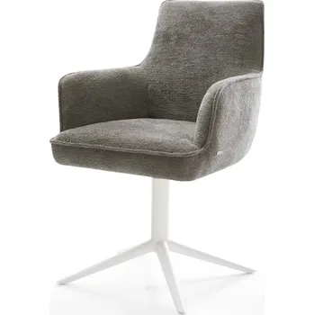 Jídelní židle DELIFE Jídelní židle Heira-Flex s područkami bouclé měkký tmavě béžová křížová podnož bílá 360° otočný houpací funkce taštičkové pružiny