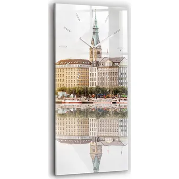 Hodiny Skleněné hodiny s tichým mechanismem, styl Loft, nástěnné, motiv Řeka Hamburg Německo, 30x60 cm