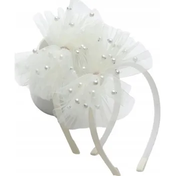 Tylová čelenka s mašle krémová s perličkami 12,5 cm zlatá