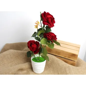 umělá květina Květina RŮŽE v plastovém květináči, výška 38 cm (3 květy 12 cm) ČERVENÁ