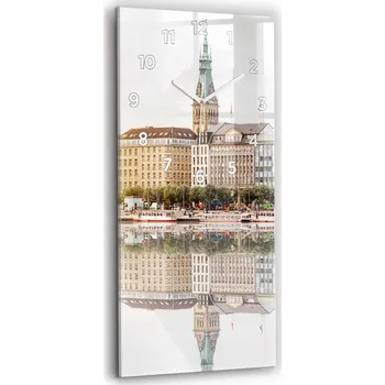 Hodiny Skleněné hodiny s tichým mechanismem, styl Loft, nástěnné, motiv Řeka Hamburg Německo, 30x60 cm