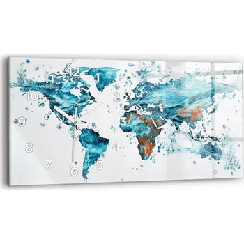 Hodiny Minimalistické skleněné nástěnné hodiny s motivem vodní mapy světa 60x30 cm