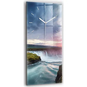 Hodiny Velké skleněné nástěnné hodiny s motivem krajiny a vodopádu 30x60 cm