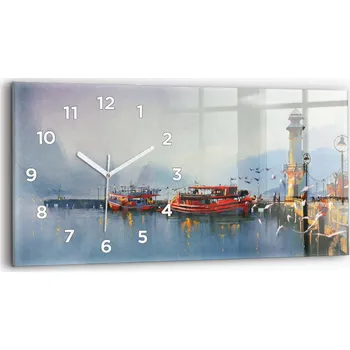 Hodiny Moderní skleněné nástěnné hodiny s potiskem 60 x 30 cm Loď v přístavu