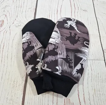 Rukavice Yháček Softshellové rukavice s merinem, dinosauři na šedé Velikost:: M