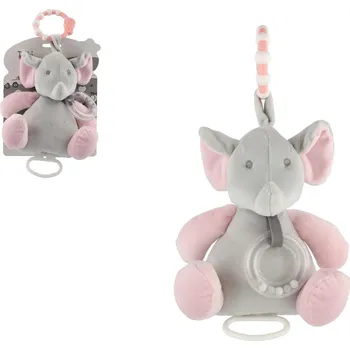 Slon natahovací hrací strojek chrastítko plyš 16,5x21,5cm šedivo-růžový na kartě v sáčku 0+