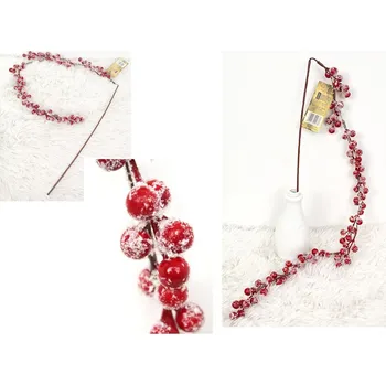 Vánoční dekorace Ozdobná větvička, závěs ČERVENÉ KULIČKY posypané sněhem 120 cm - 1 ks