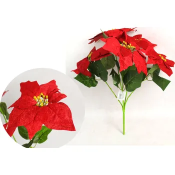 Vánoční dekorace Kytice Vánoční hvězda, POINSECJA velurová výška 45 cm, 5 stonků (5 květů 20 cm) tmavě ČERVENÁ