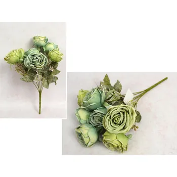 umělá květina Kytice RŮŽE výška 42 cm, 7 stonků (7 květů 8x5,5 cm) ZELENO-MODRÁ