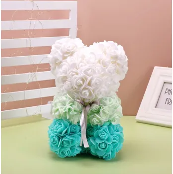 plyšák Medvídek, medvídek z bílých a tyrkysových pěnových růží 23 cm BÍLO-TYRKYSOVÝ S ŠEDOU MAŠLÍ