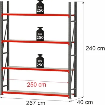 Dílenský regál Regalydoskladu Kovový skladový regál se 4 policemi FORTIS 240x267x40 cm, základní modul