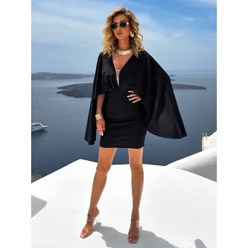 Dámské šaty Černé krátké koktejlové šaty ERCHIS s dlouhým rukávem Velikost: ONESIZE