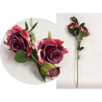 umělá květina Květ RŮŽE výška 52 cm (2 květy 9 cm + 1 poupě) FIALOVĚ-RŮŽOVÁ
