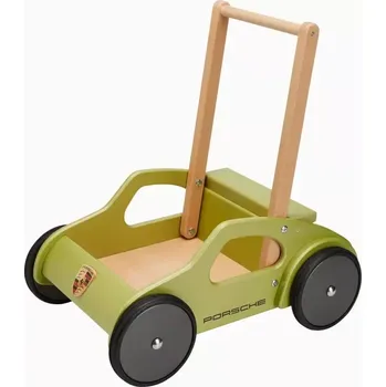 Dětské termoprádlo Porsche 911 baby walker Dětské chodítko s nákladovou plochou dřevěné v pastelově zelenkavé a znakem Porsche (Dřevěné chodítko Porsche 911 s pogumovanými kolečky pro tichý a protiskluzový pohyb.)
