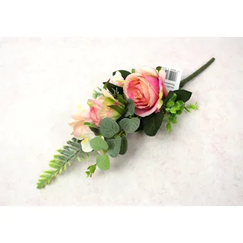 umělá květina Kytice RŮŽE s doplňky výška 30 cm, 7 stonků (2 květy 9x5 cm) RŮŽOVÁ