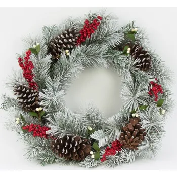 Vánoční dekorace Vánoční věnec zeleno-červené kuličky, šišky SNĚHOVÝ 60 cm
