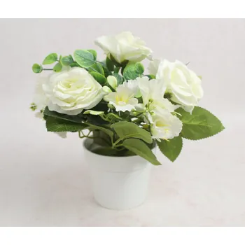 umělá květina Květina RŮŽE v bílém květináči výška 23 cm (květina 7x4 cm) BÍLÁ